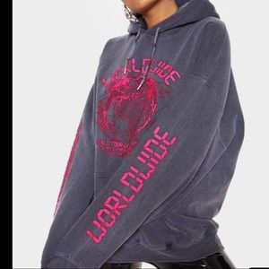 PrettyLittleThing Grey Worldwide Graphic Oversized Hoodie- Size S- New w/ Tags!